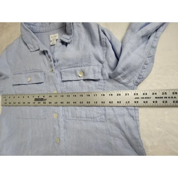 Nicole Miller Womens Button Up Linen Cropped Shirt Jacket Large Blue Long Sleeve - Picture 6 of 7